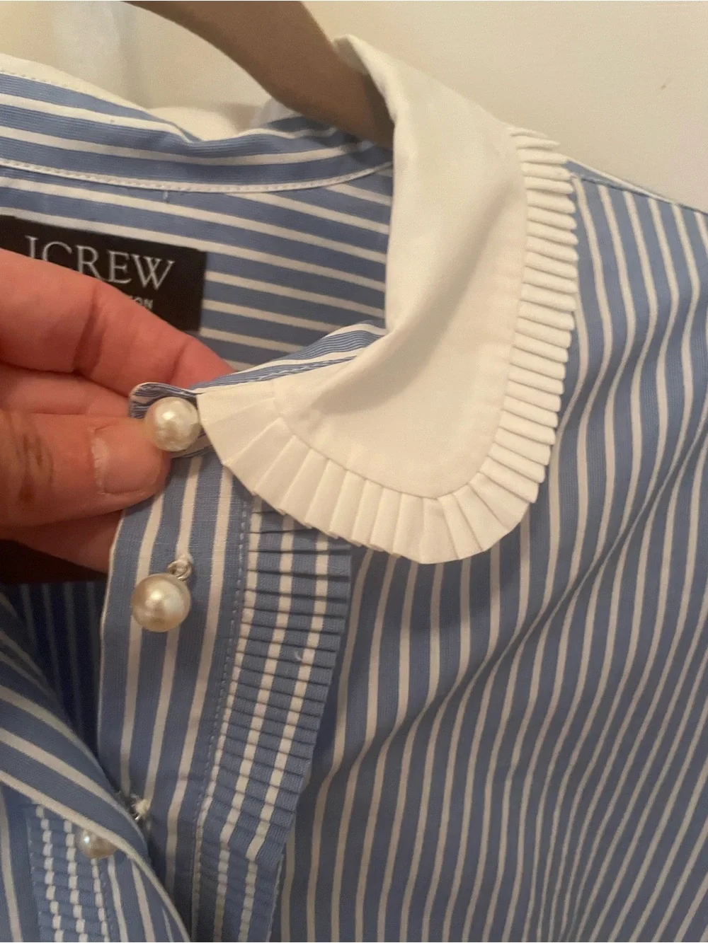 J. Crew cropped garçon Blue and White Pinstripe Shirt with pearl buttons